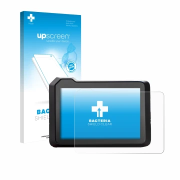 Parte frontal de un envase de producto con el logotipo de la marca upscreen. Al lado se muestra el dispositivo KTM 990 Duke 20