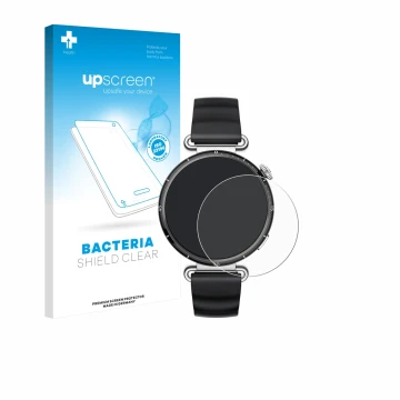 Parte frontal de un envase de producto con el logotipo de la marca upscreen. Al lado se muestra el dispositivo Huawei Watch GT