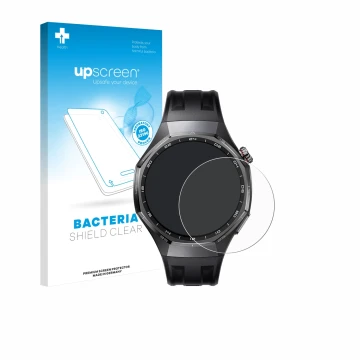 Parte frontal de un envase de producto con el logotipo de la marca upscreen. Al lado se muestra el dispositivo Huawei Watch GT