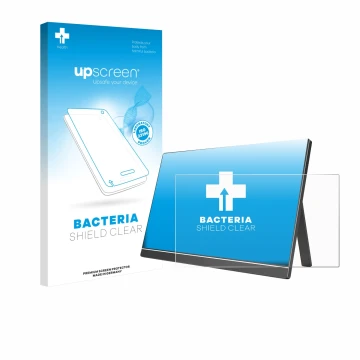 Parte frontal de un envase de producto con el logotipo de la marca upscreen. Al lado se muestra el dispositivo Arzopa 60HZ/A1 