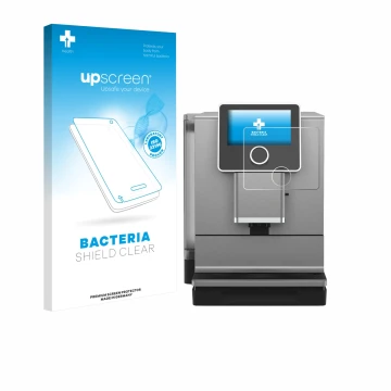 Parte frontal de un envase de producto con el logotipo de la marca upscreen. Al lado se muestra el dispositivo Nivona NICR 970