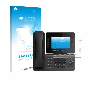 Parte frontal de un envase de producto con el logotipo de la marca upscreen. Al lado se muestra el dispositivo Snom D865 con s