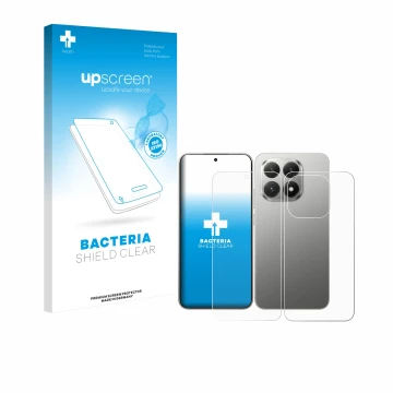 Parte frontal de un envase de producto con el logotipo de la marca upscreen. Al lado se muestra el dispositivo Xiaomi 15T (Fro