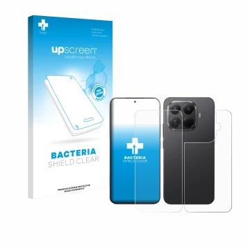 Parte frontal de un envase de producto con el logotipo de la marca upscreen. Al lado se muestra el dispositivo Xiaomi 15T Pro 