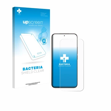 Parte frontal de un envase de producto con el logotipo de la marca upscreen. Al lado se muestra el dispositivo Xiaomi 17 con s