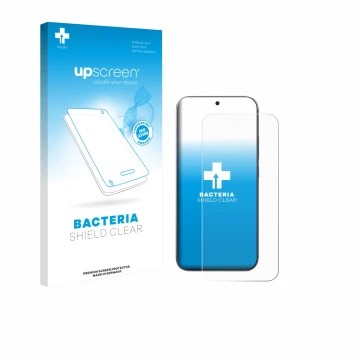 Parte frontal de un envase de producto con el logotipo de la marca upscreen. Al lado se muestra el dispositivo Xiaomi 17 Pro M