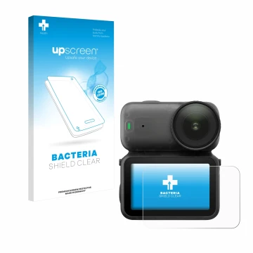 Parte frontal de un envase de producto con el logotipo de la marca upscreen. Al lado se muestra el dispositivo DJI Osmo Nano c