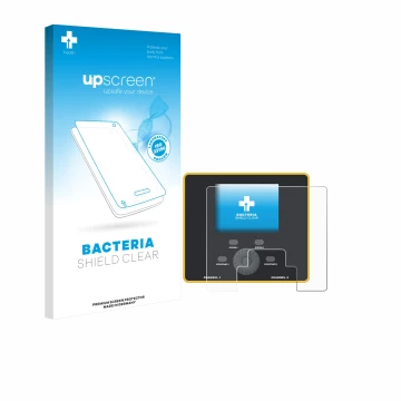 Parte frontal de un envase de producto con el logotipo de la marca upscreen. Al lado se muestra el dispositivo Junsi iCharger 