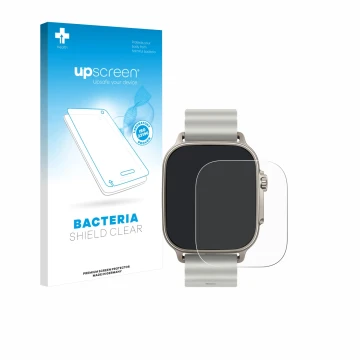 Parte frontal de un envase de producto con el logotipo de la marca upscreen. Al lado se muestra el dispositivo realme Watch 5 