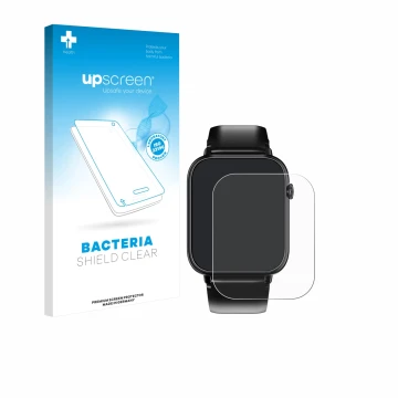 Parte frontal de un envase de producto con el logotipo de la marca upscreen. Al lado se muestra el dispositivo Oukitel V3 1.83