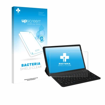 Parte frontal de un envase de producto con el logotipo de la marca upscreen. Al lado se muestra el dispositivo Laptok LAPA7LBK