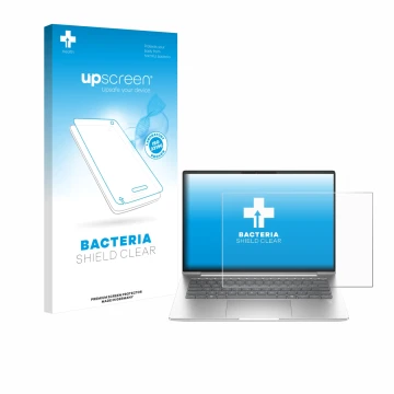 Parte frontal de un envase de producto con el logotipo de la marca upscreen. Al lado se muestra el dispositivo HP EliteBook 65