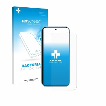 Parte frontal de un envase de producto con el logotipo de la marca upscreen. Al lado se muestra el dispositivo Google Pixel 9 