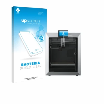 Parte frontal de un envase de producto con el logotipo de la marca upscreen. Al lado se muestra el dispositivo Qidi Tech Q2 co