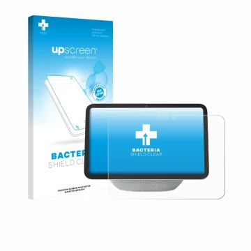 Parte frontal de un envase de producto con el logotipo de la marca upscreen. Al lado se muestra el dispositivo Amazon Echo Sho