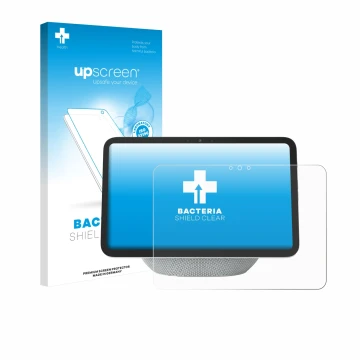 Parte frontal de un envase de producto con el logotipo de la marca upscreen. Al lado se muestra el dispositivo Amazon Echo Sho