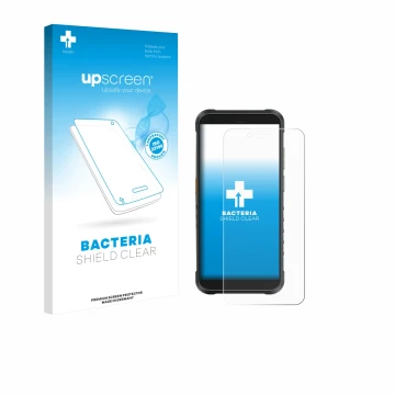 Parte frontal de un envase de producto con el logotipo de la marca upscreen. Al lado se muestra el dispositivo Ulefone RugKing