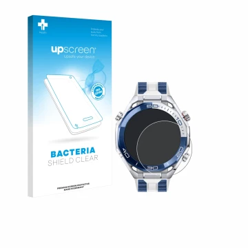 Parte frontal de un envase de producto con el logotipo de la marca upscreen. Al lado se muestra el dispositivo Huawei Watch Ul