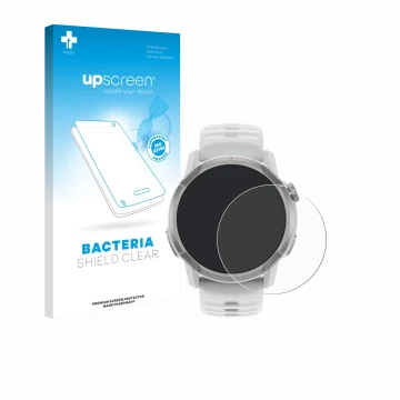 Parte frontal de un envase de producto con el logotipo de la marca upscreen. Al lado se muestra el dispositivo Coros Apex 4 (4