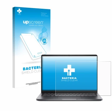 Parte frontal de un envase de producto con el logotipo de la marca upscreen. Al lado se muestra el dispositivo Dell Pro 14 con