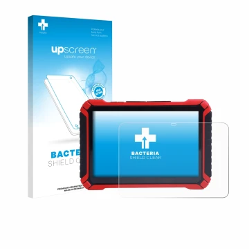 Parte frontal de un envase de producto con el logotipo de la marca upscreen. Al lado se muestra el dispositivo Launch X-431 Pa