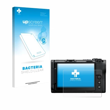 Parte frontal de un envase de producto con el logotipo de la marca upscreen. Al lado se muestra el dispositivo Nikon ZR con su