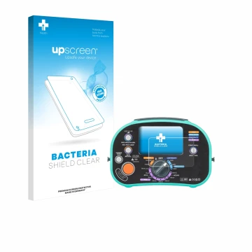 Parte frontal de un envase de producto con el logotipo de la marca upscreen. Al lado se muestra el dispositivo Kewtech KT63DL 