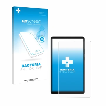 Parte frontal de un envase de producto con el logotipo de la marca upscreen. Al lado se muestra el dispositivo Samsung Galaxy 