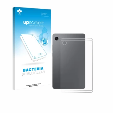 Parte frontal de un envase de producto con el logotipo de la marca upscreen. Al lado se muestra el dispositivo Samsung Galaxy 