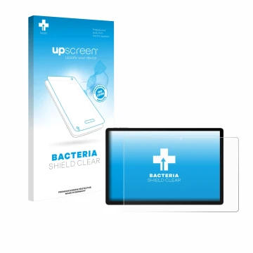 Parte frontal de un envase de producto con el logotipo de la marca upscreen. Al lado se muestra el dispositivo Doogee U13 con 