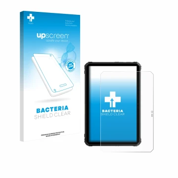 Parte frontal de un envase de producto con el logotipo de la marca upscreen. Al lado se muestra el dispositivo Blackview Activ