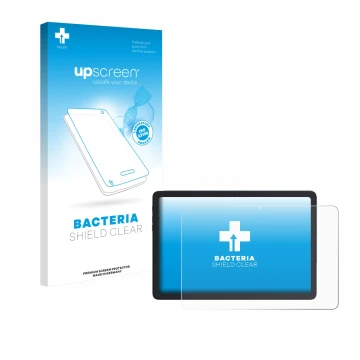 Parte frontal de un envase de producto con el logotipo de la marca upscreen. Al lado se muestra el dispositivo Cubot Tab 65 10