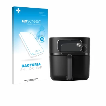 Parte frontal de un envase de producto con el logotipo de la marca upscreen. Al lado se muestra el dispositivo Philips Airfrye