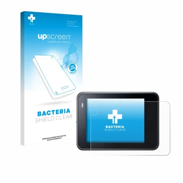 Parte frontal de un envase de producto con el logotipo de la marca upscreen. Al lado se muestra el dispositivo Akaso Brave 8 c