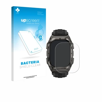 Parte frontal de un envase de producto con el logotipo de la marca upscreen. Al lado se muestra el dispositivo Kospet Tank M4 