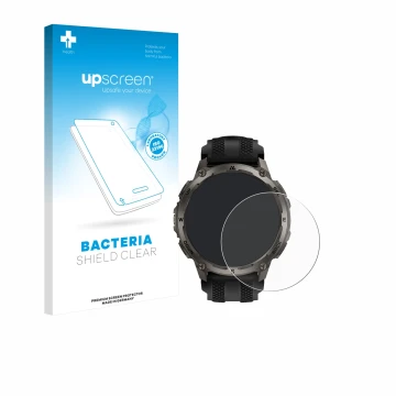 Parte frontal de un envase de producto con el logotipo de la marca upscreen. Al lado se muestra el dispositivo Kospet Tank T4 