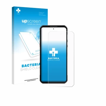 Parte frontal de un envase de producto con el logotipo de la marca upscreen. Al lado se muestra el dispositivo Oukitel WP60 co