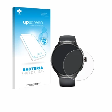 Parte frontal de un envase de producto con el logotipo de la marca upscreen. Al lado se muestra el dispositivo Oukitel V5 1.43