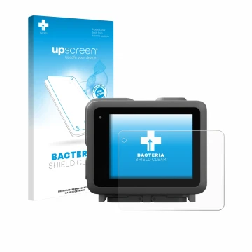 Parte frontal de un envase de producto con el logotipo de la marca upscreen. Al lado se muestra el dispositivo GoPro Lit Hero 