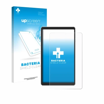 Parte frontal de un envase de producto con el logotipo de la marca upscreen. Al lado se muestra el dispositivo Ulefone Tab A9 