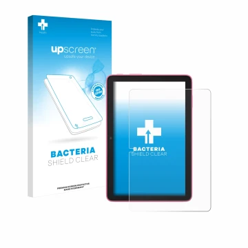 Parte frontal de un envase de producto con el logotipo de la marca upscreen. Al lado se muestra el dispositivo Amazon Fire HD 