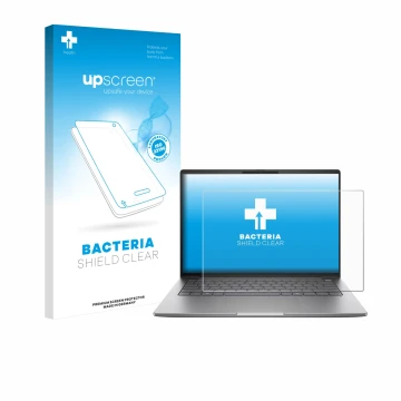 Parte frontal de un envase de producto con el logotipo de la marca upscreen. Al lado se muestra el dispositivo HP ZBook 8 G1a 