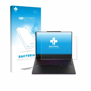 Parte frontal de un envase de producto con el logotipo de la marca upscreen. Al lado se muestra el dispositivo Lenovo Legion 9