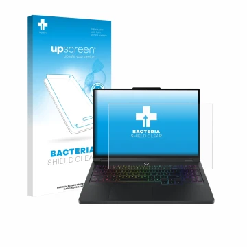 Parte frontal de un envase de producto con el logotipo de la marca upscreen. Al lado se muestra el dispositivo Lenovo Legion P