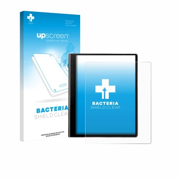 Parte frontal de un envase de producto con el logotipo de la marca upscreen. Al lado se muestra el dispositivo eazeye Paper 2.