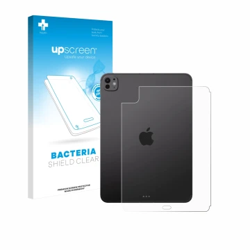 Parte frontal de un envase de producto con el logotipo de la marca upscreen. Al lado se muestra el dispositivo Apple iPad Pro 