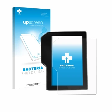 Parte frontal de un envase de producto con el logotipo de la marca upscreen. Al lado se muestra el dispositivo Yamaha Tenere 7
