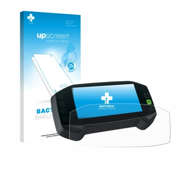 Parte frontal de un envase de producto con el logotipo de la marca upscreen. Al lado se muestra el dispositivo Suzuki DR-Z4S 2