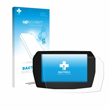 Parte frontal de un envase de producto con el logotipo de la marca upscreen. Al lado se muestra el dispositivo Ducati Panigale