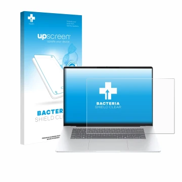 Parte frontal de un envase de producto con el logotipo de la marca upscreen. Al lado se muestra el dispositivo HP OmniBook 5 1